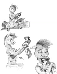 Size: 1000x1297 | Tagged: safe, artist:baron engel, character:apple bloom, oc, oc:stone mane, crate, doll, grayscale, hug, monochrome, pencil drawing, picture, picture frame, plushie, present, simple background, smiling, story in the source, story included, straw, toy, traditional art, white background