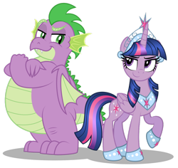 Size: 1024x967 | Tagged: safe, artist:aleximusprime, character:spike, character:twilight sparkle, character:twilight sparkle (alicorn), species:alicorn, species:dragon, species:pony, adult, adult spike, anklet, big crown thingy, chubby, confident, fat, fat spike, future, jewelry, looking at each other, older, older spike, older twilight, plump, princess of friendship, regalia, sassy, simple background, smug, tiara, transparent background, vector, winged spike