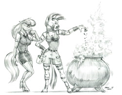 Size: 1400x1092 | Tagged: safe, artist:baron engel, character:cheerilee, character:zecora, species:anthro, species:unguligrade anthro, species:zebra, cauldron, clothing, grayscale, monochrome, nervous, pencil drawing, simple background, story in the source, this will end in explosions, traditional art, white background