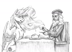 Size: 1400x1009 | Tagged: safe, artist:baron engel, character:princess celestia, species:alicorn, species:human, species:pony, albus dumbledore, clothing, crossover, duo, female, grayscale, hat, magic, male, mare, monochrome, pencil drawing, simple background, sketch, telekinesis, traditional art, white background, wizard
