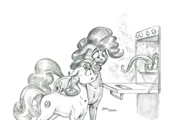 Size: 1400x980 | Tagged: safe, artist:baron engel, character:pinkie pie, character:sweetie belle, species:earth pony, species:pony, species:unicorn, cooking, duo, eldritch abomination, female, filly, food, grayscale, lethal chef, mare, monochrome, pencil drawing, simple background, sketch, stove, sweetie belle can't cook, sweetie fail, tentacles, traditional art, white background