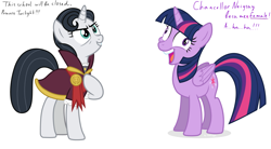 Size: 2000x1100 | Tagged: safe, artist:cloudyglow, artist:tomfraggle, character:chancellor neighsay, character:twilight sparkle, character:twilight sparkle (alicorn), species:alicorn, species:pony, species:unicorn, chancellor whinnysnort, derp, happy, i didn't listen, image macro, laughing, male to female, rule 63, simple background, transformation, transgender transformation