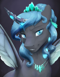 Size: 1020x1320 | Tagged: safe, artist:silfoe, oc, oc only, oc:queen polistae, species:changeling, beautiful, blue changeling, blue eyes, bust, changeling oc, changeling queen, changeling queen oc, digital art, fangs, female, horn, jewelry, looking at you, portrait, pretty, queen, solo, wings