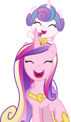 Size: 3000x5121 | Tagged: safe, artist:cloudyglow, character:princess cadance, character:princess flurry heart, species:alicorn, species:pony, episode:on the road to friendship, baby, baby pony, cheering, cute, cutedance, eyes closed, female, flurrybetes, hoof shoes, mare, mother and daughter, open mouth, pony hat, raised hoof, simple background, transparent background, vector