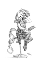 Size: 950x1389 | Tagged: safe, artist:baron engel, character:rarity, species:anthro, species:pony, species:unguligrade anthro, species:unicorn, belt, boots, boots on hooves, clipboard, clothing, earpiece, fatigues, female, grayscale, gun, headset, monochrome, open mouth, pants, pencil drawing, pp-2000, rolled up sleeves, shoes, simple background, sitting, sketch, stool, submachinegun, traditional art, watch, weapon, white background