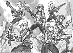 Size: 1500x1080 | Tagged: safe, artist:johnjoseco, character:applejack, character:fluttershy, character:pinkie pie, character:rainbow dash, character:rarity, character:twilight sparkle, species:human, adobe imageready, female, flutterbadass, gears of war, grayscale, humanized, mane six, monochrome, parody, weapon