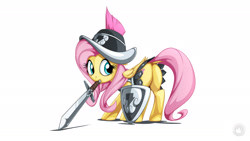 Size: 1920x1080 | Tagged: safe, artist:mysticalpha, character:fluttershy, species:pegasus, species:pony, armor, butt, female, flutterbutt, looking back, mare, plot, private pansy, shield, simple background, solo, sword, weapon, white background