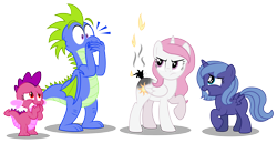 Size: 7051x3638 | Tagged: safe, artist:aleximusprime, character:princess celestia, character:princess luna, oc, oc:penny the dragon, oc:percy the dragon, species:alicorn, species:dragon, species:pony, accident, angry, annoyed, burn, burnt, cewestia, covering mouth, cute, dragon oc, dragoness, female, filly, fire, kids, laughing, male, mare, oops, pink-mane celestia, royal sisters, simple background, tail, transparent background, woona, young celestia, young luna, younger
