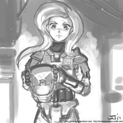 Size: 1000x1000 | Tagged: safe, artist:johnjoseco, character:fluttershy, species:human, adobe imageready, armor, beautiful, crossover, female, flutterbadass, grayscale, halo (series), humanized, monochrome, power armor, solo, spartan, the stare