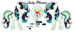 Size: 1000x422 | Tagged: safe, artist:mlpcrystalharmony, artist:selenaede, base used, oc, oc only, oc:lady phoenix, parent:coloratura, parent:songbird serenade, parents:colorenade, species:earth pony, species:pony, icey-verse, female, hair covering face, hair over eyes, headband, magical lesbian spawn, mare, next generation, offspring, reference sheet, simple background, solo, spiked headband, transparent background