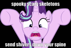 Size: 1000x684 | Tagged: safe, artist:cloudyglow, edit, editor:axal-5, character:starlight glimmer, species:pony, species:unicorn, episode:on the road to friendship, black background, female, halloween, holiday, mare, open mouth, simple background, solo, song reference, spooky, spooky scary skeleton, text, text edit, uvula, vector, wide eyes