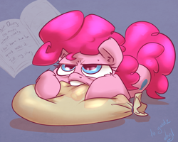 Size: 1000x800 | Tagged: safe, artist:atryl, character:pinkie pie, balloon, biting, diary, female, frown, glare, grumpy, nom, prone, solo, sweat, sweatdrop, this will end in tears, this will not end well