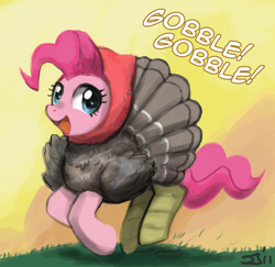 Size: 700x679 | Tagged: safe, artist:johnjoseco, character:pinkie pie, species:earth pony, species:pony, g4, adobe imageready, clothing, costume, female, happy, mare, solo, turkey, turkey costume