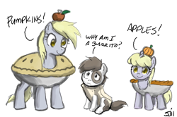 Size: 900x598 | Tagged: safe, artist:johnjoseco, character:derpy hooves, character:dinky hooves, character:pipsqueak, species:earth pony, species:pegasus, species:pony, species:unicorn, g4, adobe imageready, apple, burrito, clothing, colt, costume, female, filly, male, mare, pie, pumpkin, simple background, trio, white background
