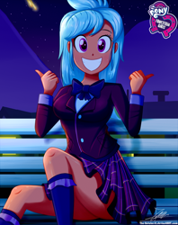 Size: 920x1160 | Tagged: safe, artist:the-butch-x, part of a set, character:frosty orange, equestria girls:friendship games, g4, my little pony: equestria girls, my little pony:equestria girls, background human, bow tie, butch's hello, clothing, crystal prep academy uniform, cute, female, grin, hello x, looking at you, night, plaid skirt, pleated skirt, school uniform, schrödinger's pantsu, sitting, skirt, smiling, solo, thighs