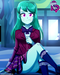 Size: 920x1160 | Tagged: safe, artist:the-butch-x, part of a set, character:cold forecast, equestria girls:friendship games, g4, my little pony: equestria girls, my little pony:equestria girls, ass, background human, big breasts, bow tie, breasts, busty cold forecast, butch's hello, butt, clothing, cold forec-ass, crystal prep academy uniform, equestria girls logo, female, hello x, kneesocks, looking at you, plaid skirt, pleated skirt, raised eyebrow, school uniform, schrödinger's pantsu, skirt, skirt lift, socks, solo, thighs, unamused, under skirt, unimpressed, upskirt denied