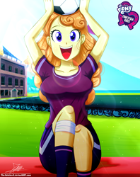 Size: 920x1160 | Tagged: safe, artist:the-butch-x, part of a set, character:orange sherbette, my little pony:equestria girls, athletic tape, background human, ball, breasts, busty orange sherbette, butch's hello, clothing, cute, female, hello x, leg band, looking at you, open mouth, shorts, sitting, smiling, solo, sports, sweat