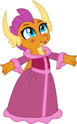 Size: 1500x2402 | Tagged: safe, artist:cloudyglow, character:smolder, species:dragon, episode:what lies beneath, g4, my little pony: friendship is magic, beauty and the beast, belle, blushing, claws, clothing, cosplay, costume, cute, disney, dragon wings, dragoness, dress, fangs, female, open mouth, princess smolder, simple background, smolderbetes, solo, transparent background, wings