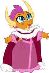Size: 1012x1500 | Tagged: safe, artist:cloudyglow, character:smolder, species:dragon, episode:what lies beneath, g4, my little pony: friendship is magic, beauty and the beast, belle, blushing, cape, claws, clothing, cosplay, costume, cute, disney, dragon wings, dragoness, dress, fangs, female, open mouth, princess smolder, simple background, smolder also dresses in style, smolderbetes, solo, transparent background, wings
