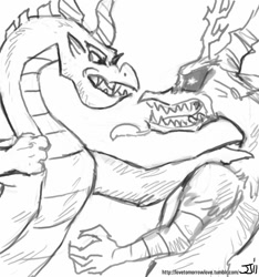 Size: 748x800 | Tagged: safe, artist:johnjoseco, character:discord, character:spike, species:dragon, .mov, adult spike, fight, grayscale, kaiju, male, monochrome, older, spikezilla