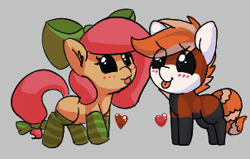 Size: 302x192 | Tagged: safe, artist:lockheart, artist:pabbley, oc, oc only, oc:cherry sweetheart, oc:pandy cyoot, species:earth pony, species:pony, blep, blushing, bow, clothing, female, hair bow, heart, looking at each other, mare, red panda pony, silly, simple background, smiling, socks, striped socks, tiny, tiny ponies, tongue out