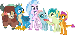 Size: 6438x3000 | Tagged: safe, artist:cloudyglow, character:gallus, character:ocellus, character:sandbar, character:silverstream, character:smolder, character:yona, species:changeling, species:classical hippogriff, species:dragon, species:earth pony, species:griffon, species:hippogriff, species:pony, species:reformed changeling, species:yak, episode:the hearth's warming club, g4, my little pony: friendship is magic, beak, bow, claws, cloven hooves, cutie mark, dragoness, female, hair bow, horn, jewelry, male, monkey swings, necklace, open mouth, paws, raised hoof, simple background, smiling, stallion, standing, student six, teenager, transparent background, vector, wings