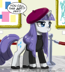 Size: 900x990 | Tagged: safe, artist:johnjoseco, character:rarity, species:pony, species:unicorn, adobe imageready, alternate hairstyle, art, art gallery, beatnik rarity, beret, clothing, female, gallery, hat, mare, modern art, pfft, solo, sweater
