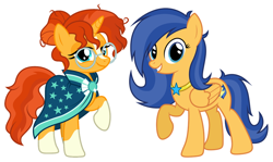 Size: 848x507 | Tagged: safe, artist:cloudyglow, artist:henx125, character:flash sentry, character:sunburst, species:pegasus, species:pony, species:unicorn, alternate universe, crystal empire duo, cute, diasentres, female, flare warden, glasses, mare, rule 63, simple background, sunbetes, sunstone (g4 r63 sunburst), white background