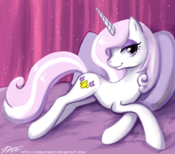 Size: 1000x885 | Tagged: safe, artist:johnjoseco, character:fleur-de-lis, species:pony, species:unicorn, g4, adobe imageready, bed, female, looking at you, mare, on side, pillow, skunk stripe, solo