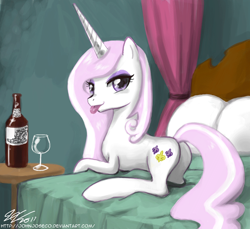 Size: 900x825 | Tagged: safe, artist:johnjoseco, character:fleur-de-lis, species:pony, species:unicorn, g4, adobe imageready, anatomically incorrect, bed, female, incorrect leg anatomy, looking at you, looking back, mare, skunk stripe, solo, tongue out, wine