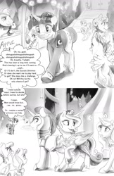 Size: 1280x1976 | Tagged: safe, artist:silfoe, character:apple bloom, character:big mcintosh, character:diamond tiara, character:fleur-de-lis, character:princess cadance, character:rarity, character:scootaloo, character:shining armor, character:silver spoon, character:sweetie belle, character:twilight sparkle, character:twilight sparkle (unicorn), species:alicorn, species:earth pony, species:pegasus, species:pony, species:unicorn, alternate universe, blushing, comic, cutie mark crusaders, description is relevant, female, filly, grayscale, implied lesbian, implied shipping, implied twimoon, male, mare, monochrome, moonsetmlp, nervous, ohmygosh, raised hoof, royal guard, stallion, thought bubble