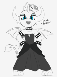 Size: 1280x1710 | Tagged: safe, artist:pabbley, character:smolder, species:dragon, bowsette, choker, clothing, cute, dragoness, dress, female, hand on hip, princess smolder, simple background, sketch, smiling, smolderbetes, solo, speech, spiked choker, spiked wristband, super crown, wristband
