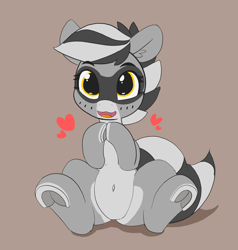 Size: 1280x1345 | Tagged: safe, artist:pabbley, oc, oc only, oc:bandy cyoot, species:pony, belly button, cute, cute little fangs, fangs, female, frog (hoof), heart, hnnng, hoofbutt, looking at you, ocbetes, open mouth, raccoon pony, simple background, smiling, solo, underhoof