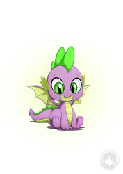 Size: 955x1351 | Tagged: safe, artist:mysticalpha, character:spike, species:dragon, episode:molt down, g4, my little pony: friendship is magic, baby, baby dragon, cute, cute little fangs, eyebrows, fangs, green eyes, looking at you, male, scales, simple background, sitting, smiling, solo, spikabetes, watermark, white background, winged spike, wings