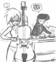 Size: 909x1000 | Tagged: safe, artist:johnjoseco, character:dj pon-3, character:octavia melody, character:vinyl scratch, species:human, cello, duo, duo female, female, frustrated, grayscale, humanized, monochrome, musical instrument, role reversal, turntable