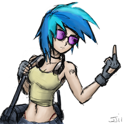 Size: 900x900 | Tagged: safe, artist:johnjoseco, artist:michos, character:dj pon-3, character:vinyl scratch, species:human, clothing, female, fingerless gloves, gloves, headphones, humanized, middle finger, midriff, simple background, skinny, solo, vulgar, white background