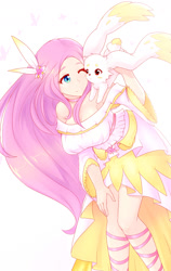 Size: 1134x1800 | Tagged: safe, artist:jonfawkes, character:angel bunny, character:fluttershy, species:human, species:rabbit, anime, breasts, busty fluttershy, choker, clothing, cute, dress, female, humanized, shyabetes, simple background, smiling, white background, winged humanization, wings