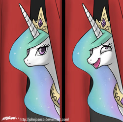 Size: 700x693 | Tagged: safe, artist:johnjoseco, character:princess celestia, species:alicorn, species:pony, g4, awesome face, comic, crown, curtain, faec, female, jewelry, mare, photoshop, reaction image, regalia, solo