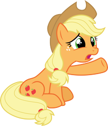 Size: 3000x3497 | Tagged: safe, artist:cloudyglow, artist:yanoda, character:applejack, species:earth pony, species:pony, episode:non-compete clause, g4, my little pony: friendship is magic, .ai available, clothing, cowboy hat, cute, female, freckles, hat, open mouth, pointing, reaching out, sad, sadorable, simple background, sitting, solo, stetson, transparent background, unhapplejack, vector