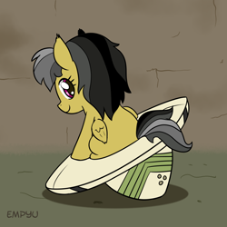 Size: 1000x1000 | Tagged: safe, artist:empyu, character:daring do, species:pegasus, species:pony, 30 minute art challenge, clothing, cute, daring dorable, female, filly, folded wings, hat, looking at you, looking back, looking back at you, sitting, smiling, solo, wings, younger