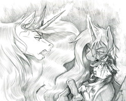 Size: 1400x1125 | Tagged: safe, artist:baron engel, character:princess celestia, character:princess luna, oc, oc:phoenix, species:alicorn, species:pony, species:unicorn, dreamscape, female, goggles, grayscale, mare, monochrome, pencil drawing, story in the source, story included, traditional art