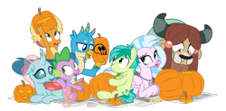 Size: 1300x640 | Tagged: safe, artist:dm29, character:gallus, character:ocellus, character:sandbar, character:silverstream, character:smolder, character:spike, character:yona, species:changeling, species:classical hippogriff, species:dragon, species:earth pony, species:griffon, species:hippogriff, species:pony, species:reformed changeling, species:yak, cutie mark, dragoness, female, halloween, holiday, jewelry, male, necklace, newspaper, nightmare night, pumpkin, pumpkin carving, simple background, student six, tongue out, transparent background