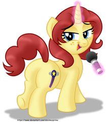 Size: 1024x1200 | Tagged: safe, artist:aleximusprime, oc, oc only, oc:eilemonty, species:pony, species:unicorn, bedroom eyes, before and after, british, cute, eileen montgomery, eilemonty, england, fanart, flirty, freckles, looking back, microphone, plot, redo, redone art, revised, revision, simple background, singer, singing, solo, then and now, transparent background, unicorn oc, voice actor