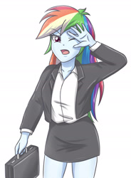Size: 1390x1885 | Tagged: safe, artist:sumin6301, character:rainbow dash, my little pony:equestria girls, business suit, clothing, female, miniskirt, simple background, skirt, skirt suit, solo, suit, suitcase, white background