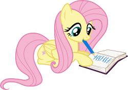Size: 4260x3000 | Tagged: safe, artist:cloudyglow, character:fluttershy, species:pegasus, species:pony, episode:filli vanilli, g4, my little pony: friendship is magic, book, cute, female, mare, mouth hold, pencil, shyabetes, simple background, smiling, solo, transparent background, vector