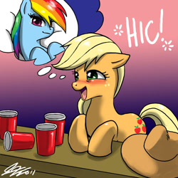 Size: 900x900 | Tagged: safe, artist:johnjoseco, character:applejack, character:rainbow dash, species:earth pony, species:pegasus, species:pony, ship:appledash, blushing, cup, dream, drunk, drunk aj, female, gradient background, hiccup, lesbian, mare, onomatopoeia, shipping, thought bubble