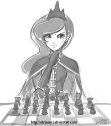 Size: 900x1020 | Tagged: safe, artist:johnjoseco, character:princess luna, species:human, cape, chess, clothing, female, grayscale, humanized, looking at you, military uniform, monochrome, photoshop, solo, thinking, uniform, warrior luna