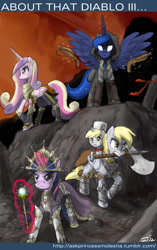 Size: 700x1117 | Tagged: safe, artist:johnjoseco, character:derpy hooves, character:princess cadance, character:princess luna, character:twilight sparkle, species:alicorn, species:pegasus, species:pony, species:unicorn, armor, axe, crossbow, diablo 3, female, filly, mare, mouth hold, ponies riding ponies, wand, weapon