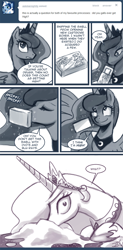 Size: 600x1219 | Tagged: safe, artist:johnjoseco, character:princess celestia, character:princess luna, species:alicorn, species:pony, ask princess molestia, gamer luna, princess molestia, cocaine, comic, drugs, female, funny, funny as hell, mare, monochrome, sniffing