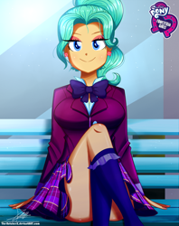 Size: 920x1160 | Tagged: safe, artist:the-butch-x, part of a set, equestria girls:friendship games, g4, my little pony: equestria girls, my little pony:equestria girls, adorasexy, background human, bench, big breasts, breasts, busty garden grove, butch's hello, clothing, crossed legs, crystal prep academy uniform, cute, equestria girls logo, female, garden grove, grin, hello x, kneesocks, legs, looking at you, plaid skirt, pleated skirt, ponytail, school uniform, schrödinger's pantsu, sexy, sitting, skirt, smiling, socks, solo, thighs, upskirt denied